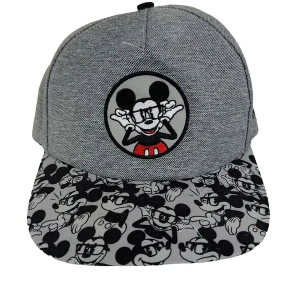 Disney‎ Parks Mickey Mouse Glasses Grey Heather Snapback Hat Flat Brim Adult